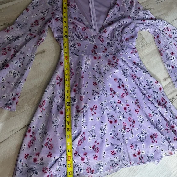 Double Crazy Purple Floral Dress Size Large Boho Bell Sleeve Empire Waist Flowy - Picture 6 of 15